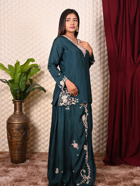 Blue indo-western set with Thread Work